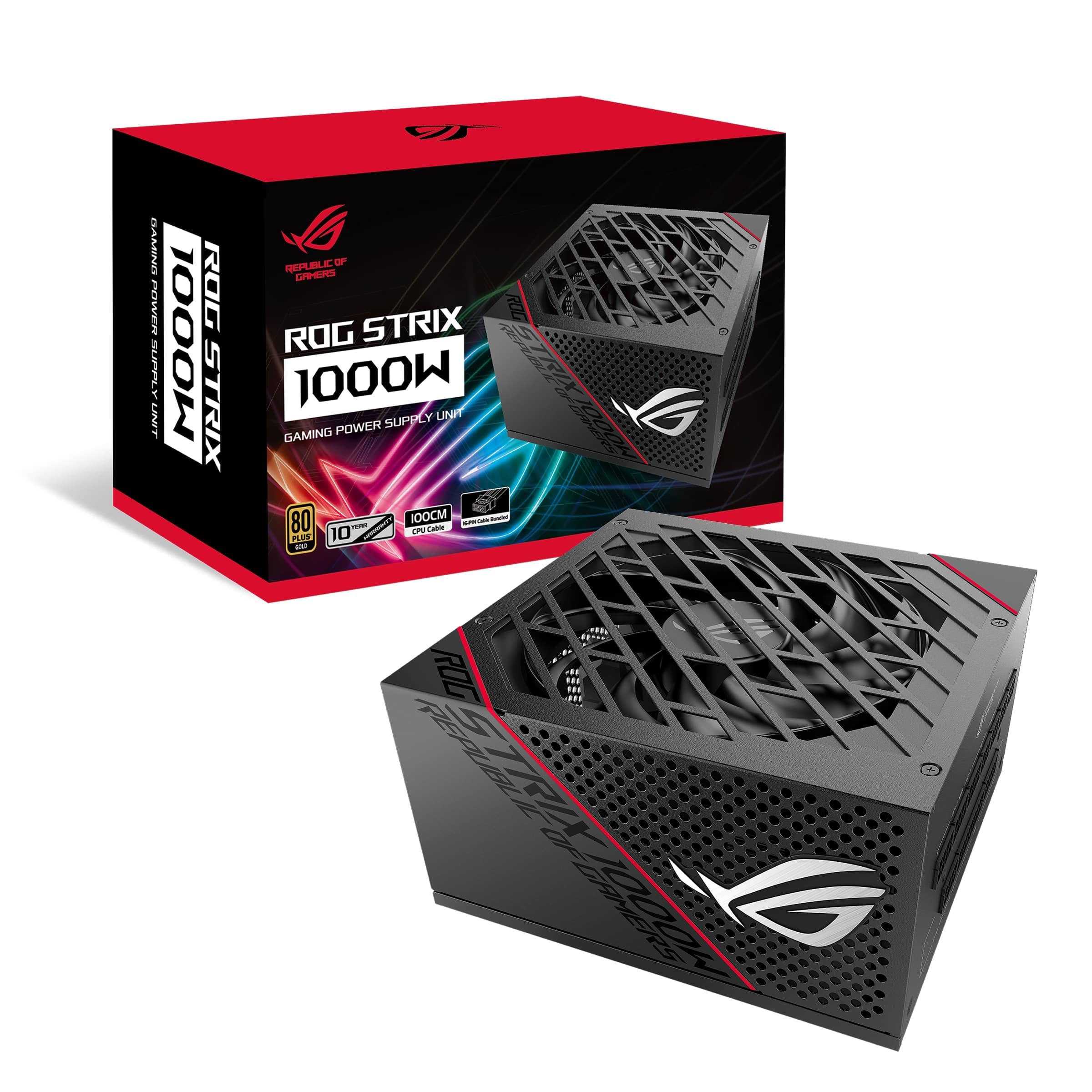 ASUS ROG Strix 1000W Gold PSU, Power Supply (ROG heatsinks, Axial-tech fan design, dual ball fan bearings, 0dB technology, 80 PLUS Gold Certification, fully modular cables, 10-year warranty)