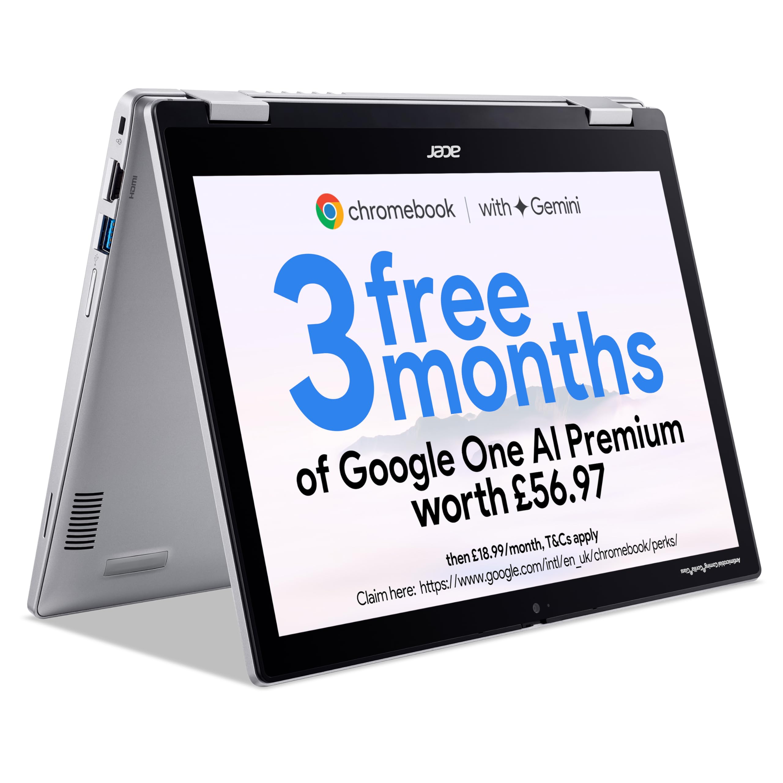 Acer Chromebook Spin 312 CP312-1H Convertible Laptop - Intel N100, 4GB, 128GB eMMC, Integrated Graphics, 12.2" WUXGA Touchscreen, Chrome OS, Silver