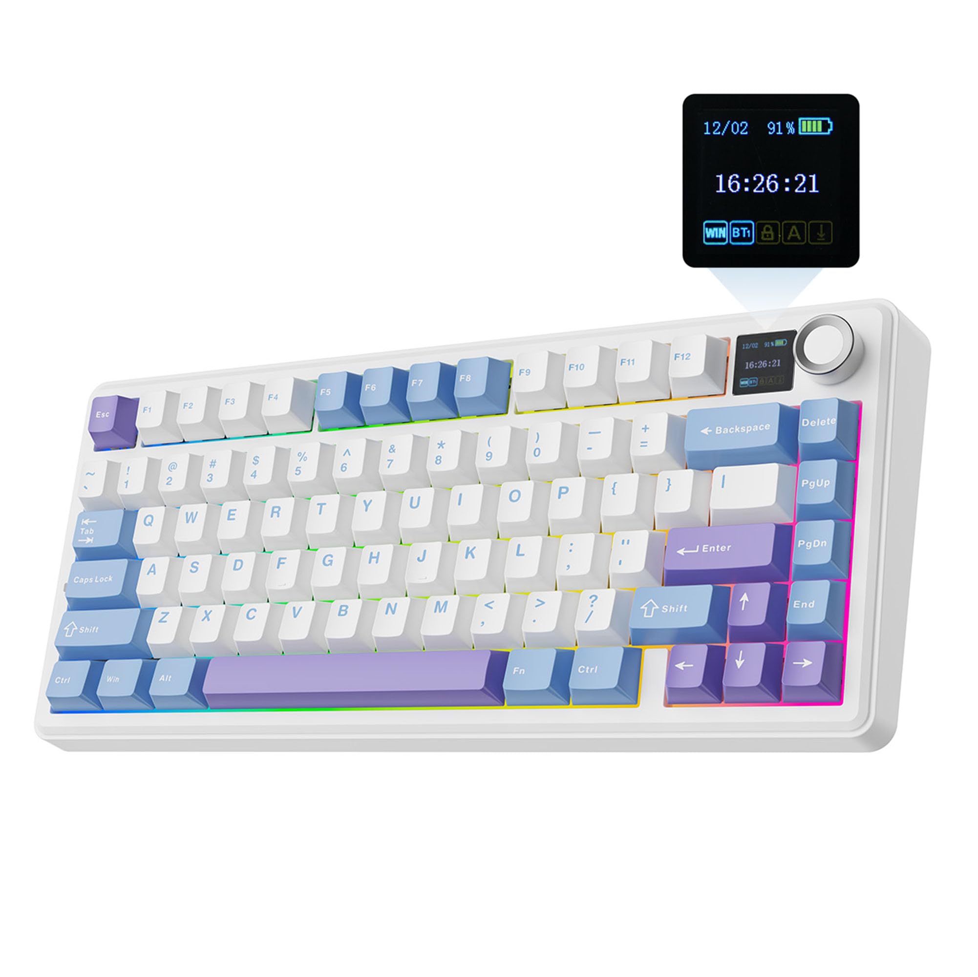 EPOMAKER X Aula F75 MAX Tri-Mode Wireless Gaming Keyboard, TFT Screen, Knob, Hot Swappable, 2.4GHz/Type-C/BT5.0, Gasket Creamy, for PC/Mac/Office/Gaming (White Purple, Reaper Switch)