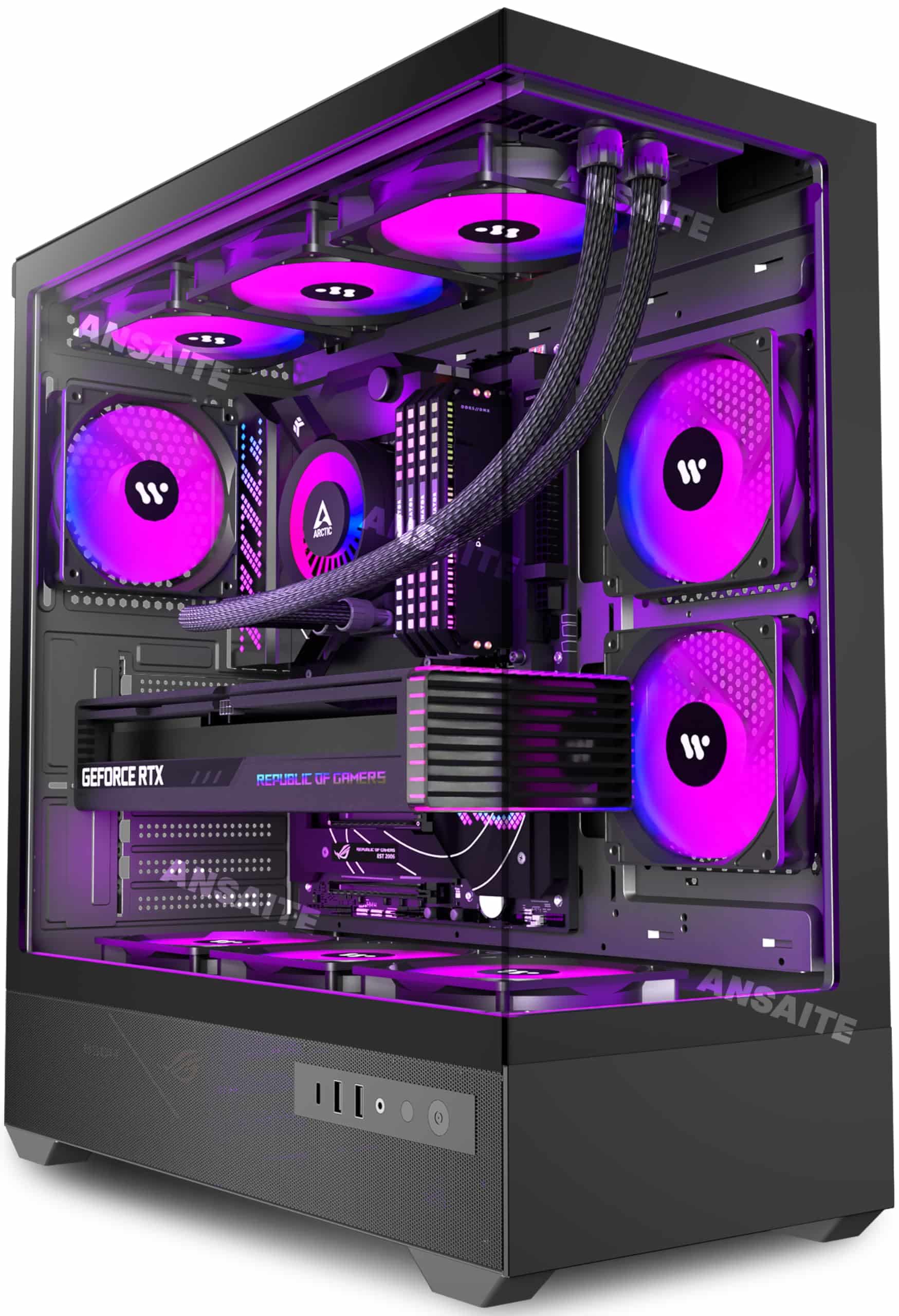 ANSAITE PC Case Pre-Installed 6 × 120mm PWM ARGB Fan, ATX Mid Tower PC Gaming Case, Computer case with Panoramic View Tempered Glass Front & Side Panel, Type C Port, Black