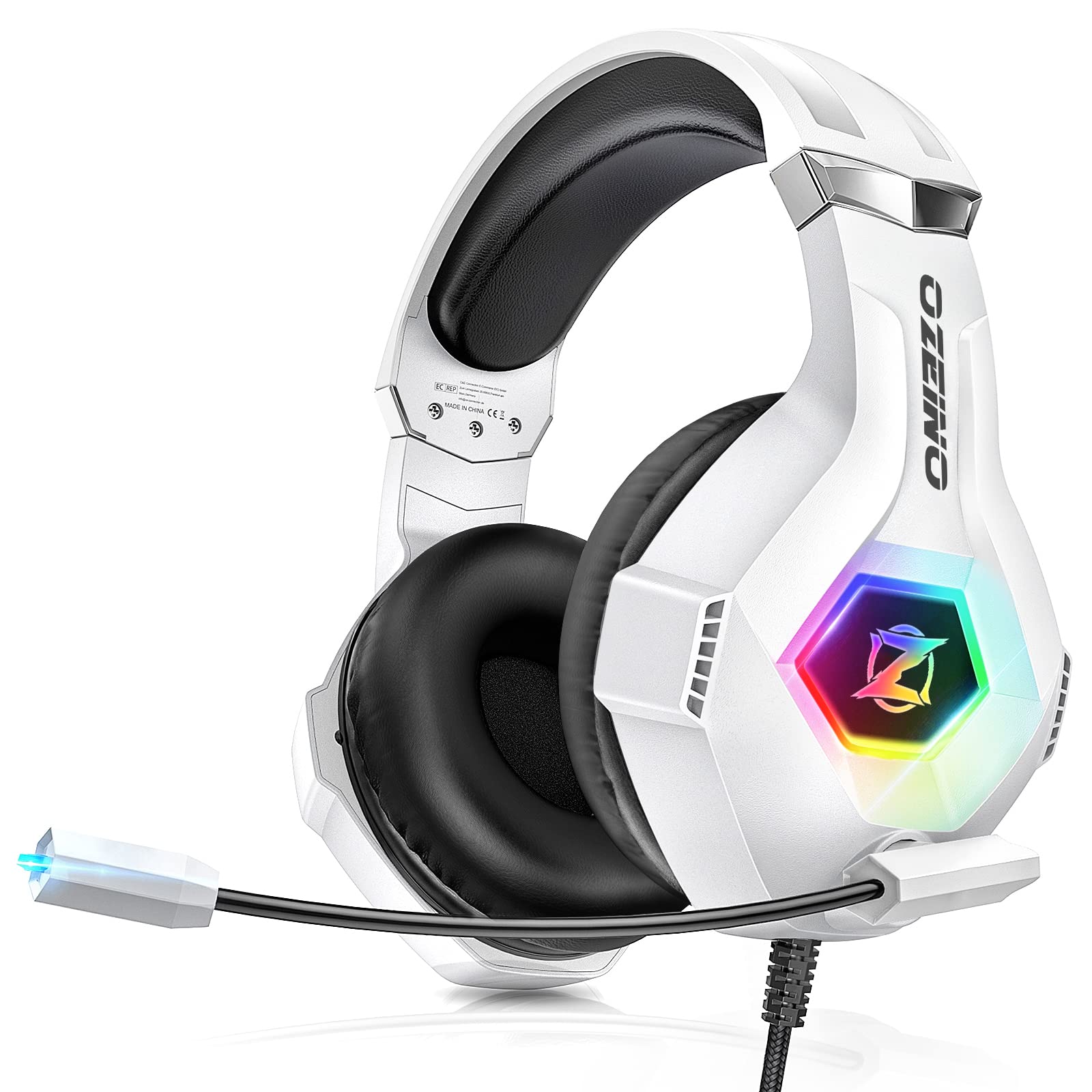 Ozeino Gaming Headset for PS5 PS4 PC, Over-Ear Headphones with Surround Sound & RGB Light for Xbox one Switch Mac Laptop (white)