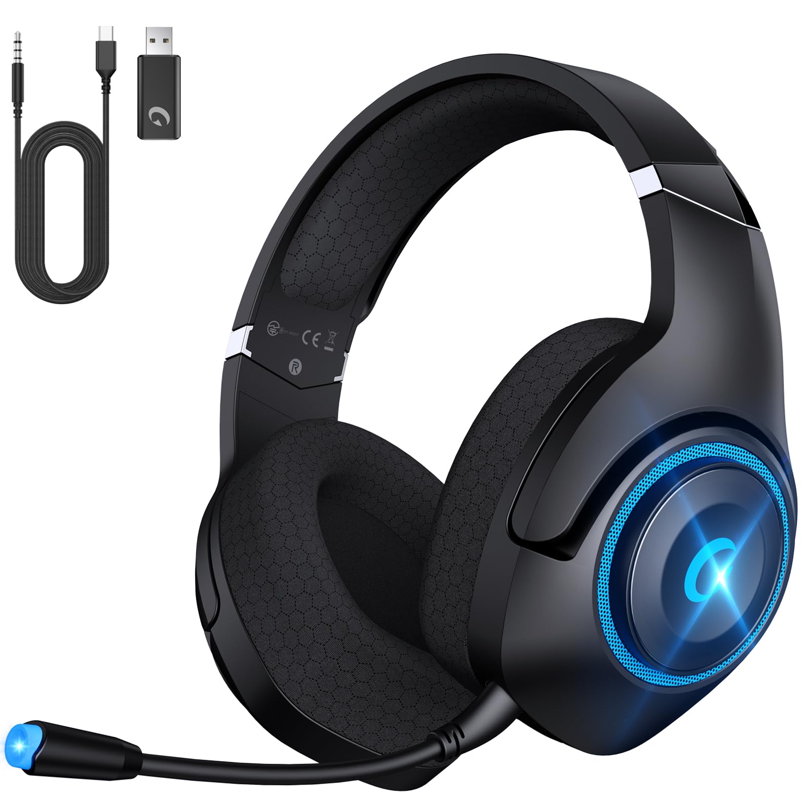 Wireless Gaming Headset for PS5/PC/MAC, 2.4GHz Gaming Headphones Bluetooth With Detachable Noise Cancelling Miccrophone, Wireless Headphones With 3D Surround, 3.5mm Wired Jack for Xbox One Series