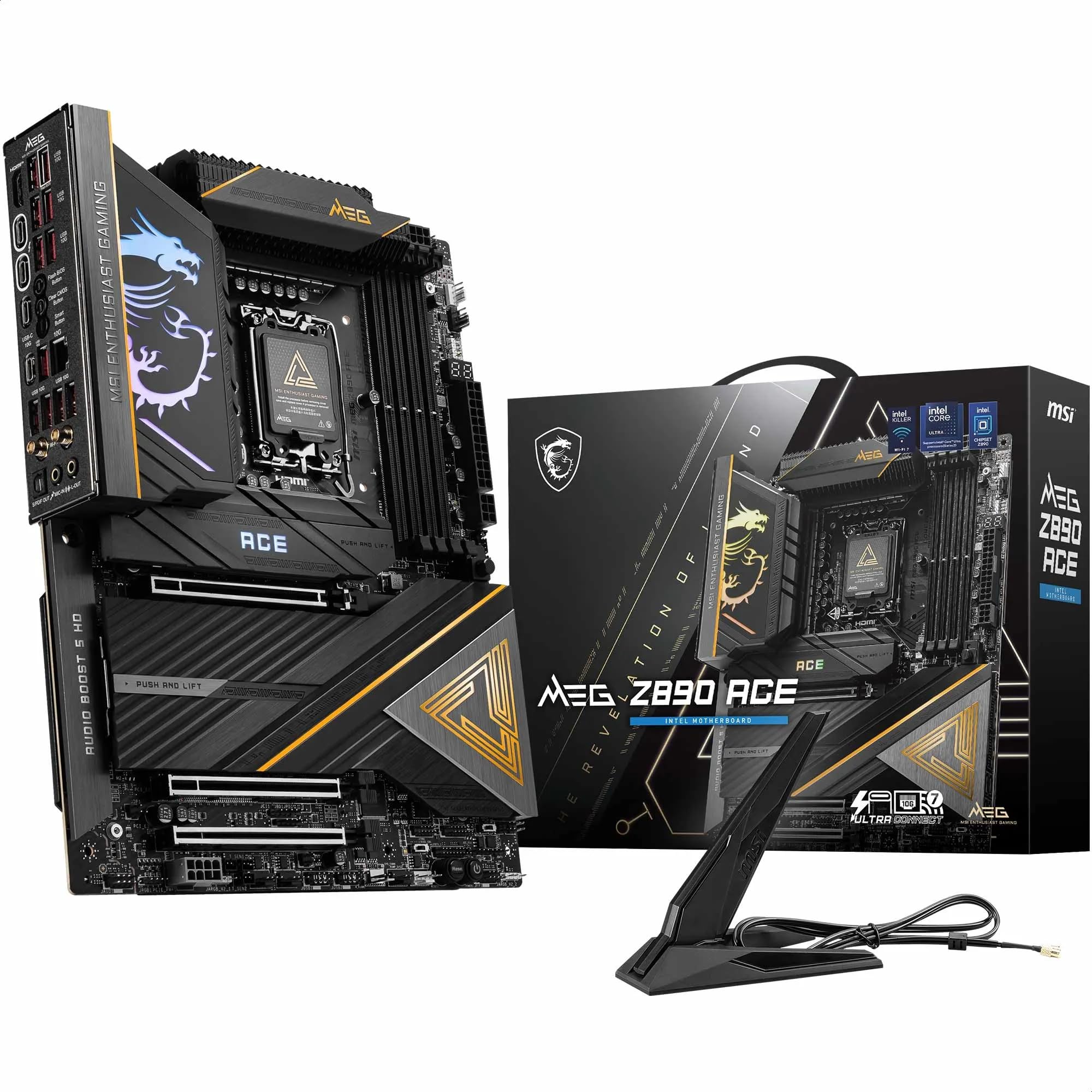 MSI MEG Z890 ACE Motherboard, ATX - Supports Intel Core Ultra Processors (Series 2), LGA 1851-110A SPS VRM, DDR5 Memory (9200+MT/s OC), PCIe 5.0 & 4.0 x16, M.2 Gen5, Thunderbolt 4, Wi-Fi 7, 10G LAN