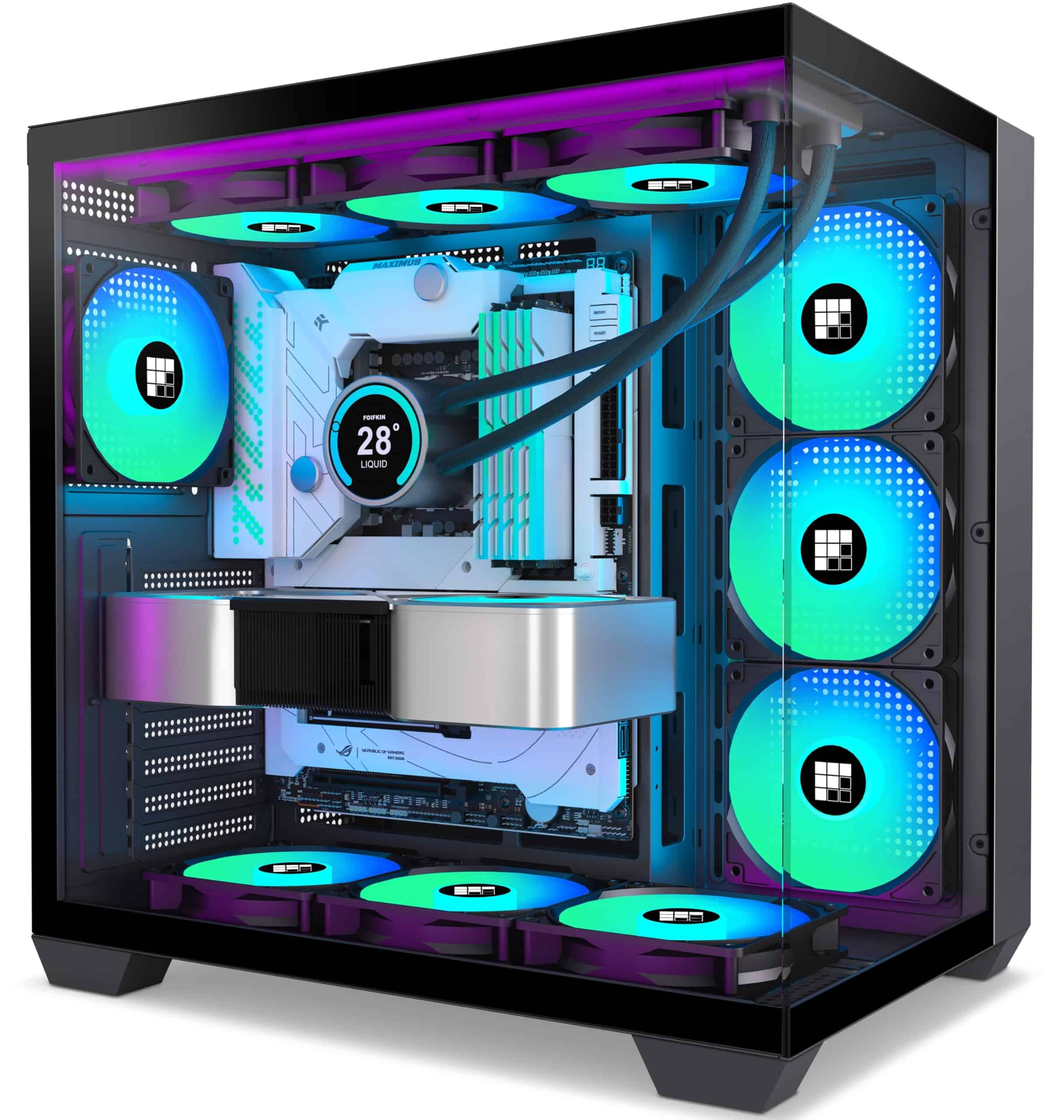 FOIFKIN F600 PC Case - Pre-Installed 7 PWM ARGB Fan, ATX Mid-Tower Gaming PC Case, 270° Panoramic Glass with Type-C (Black, F600)