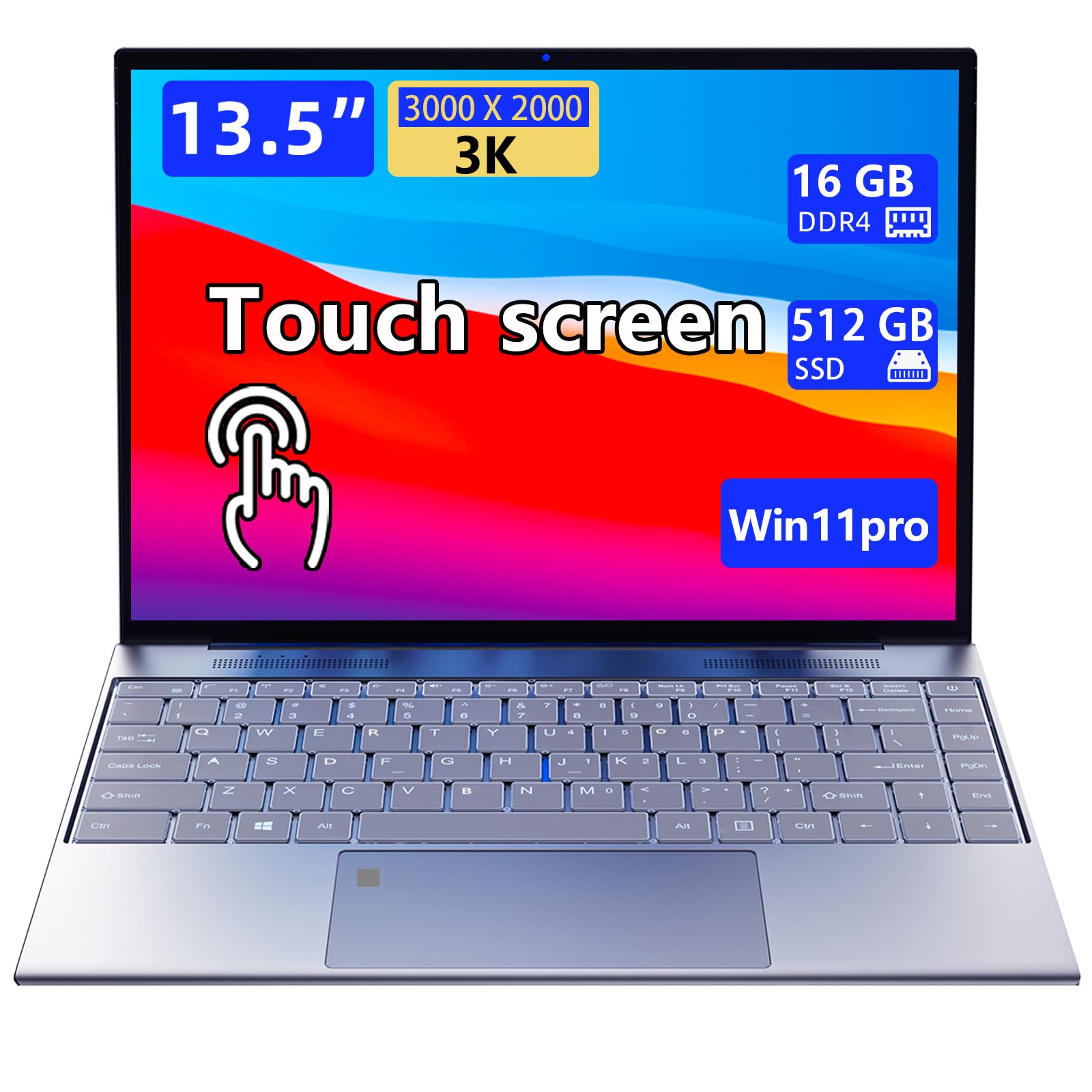 Morostron 13.5-inch portable touchscreen laptop, (16GB RAM, 512GB SSD), 3K (3000×2000) IPS, Celeron N95 processor up to 3.4 GHz, backlit keyboard, fingerprint unlocking, Win 11 Pro