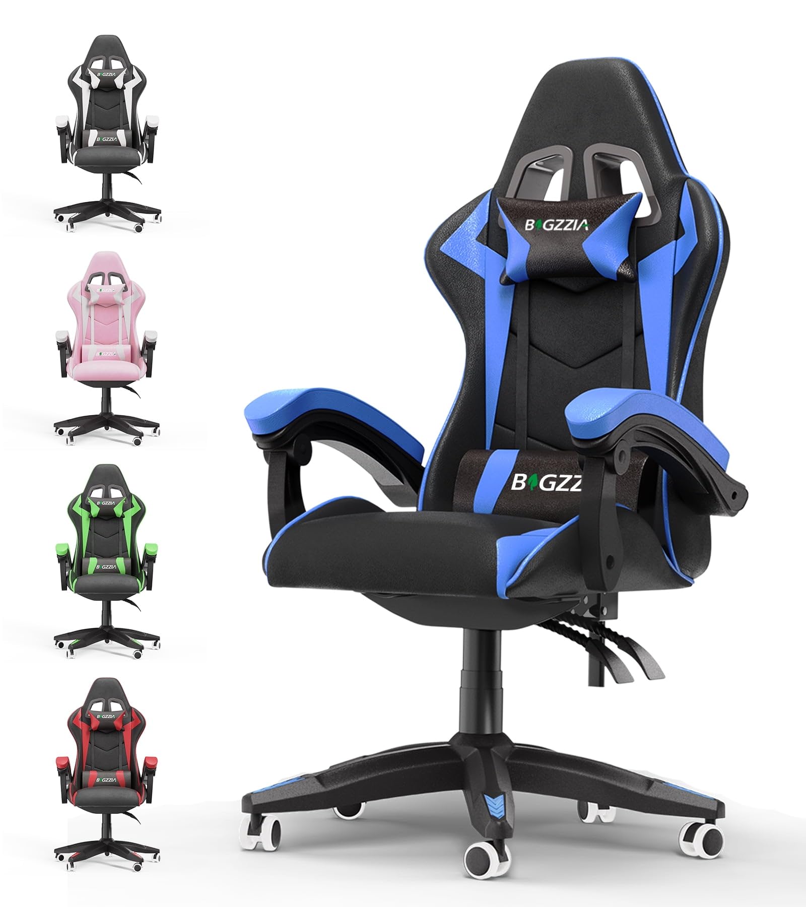 bigzzia Gaming Chair – Ergonomic Gaming Chair with Lumbar Cushion + Headrest – PU Leather Height Adjustable Office Chair – Gaming Chair for Adults Children – Blue