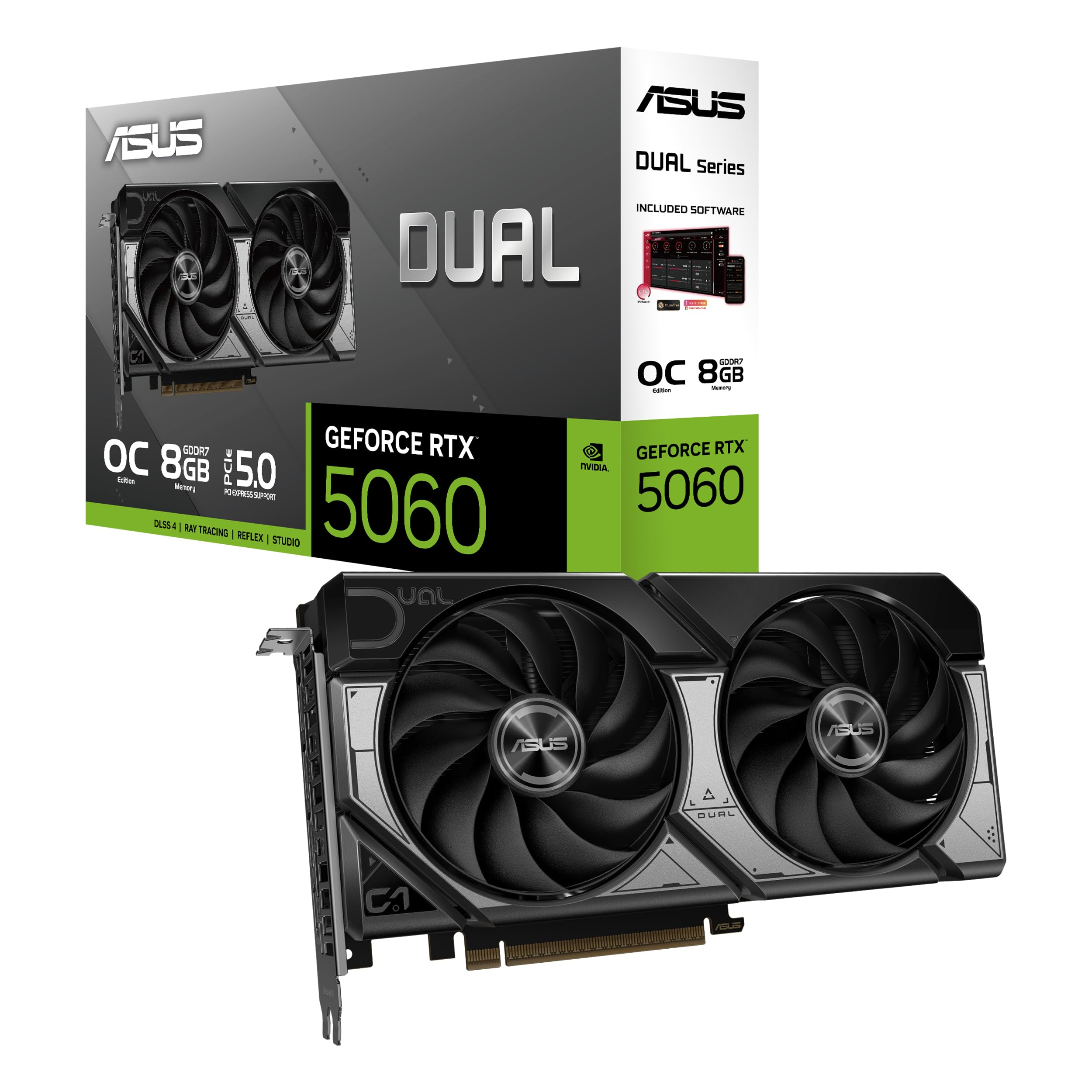 ASUS Dual GeForce RTX 5060 8GB GDDR7 OC Edition (PCIe 5.0, 8GB GDDR7, DLSS 4, HDMI 2.1b, DisplayPort 2.1b, 2.5 slot design, Axial tech fan design, 0dB technology, and more)