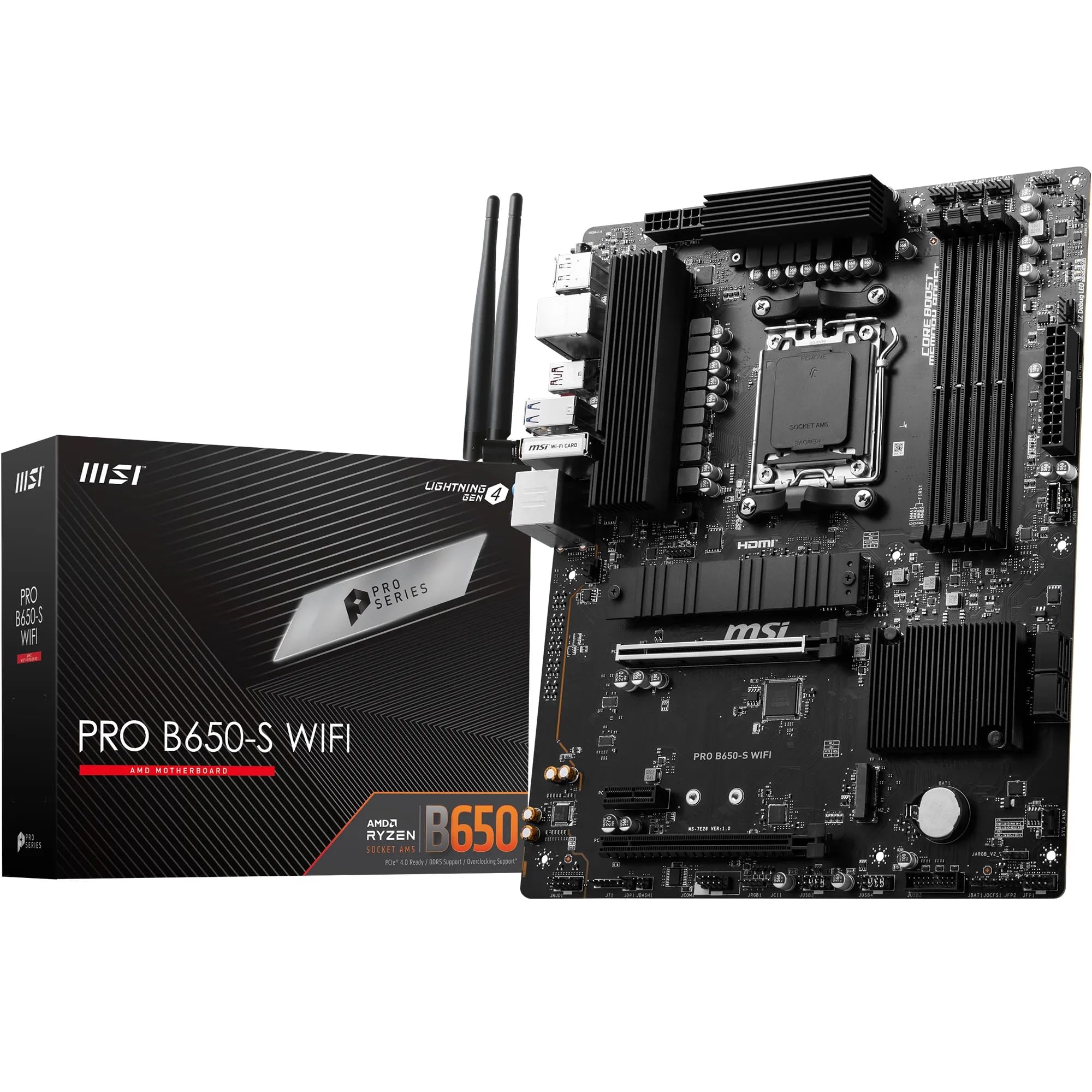 MSI PRO B650-S WIFI Motherboard, ATX - Supports AMD Ryzen 9000/8000 / 7000 Series Processors, AM5 - DDR5 Memory Boost 6000+MHz/OC, 2 x PCIe 4.0 x16, 2 x M.2 Gen4, Wi-Fi 6E