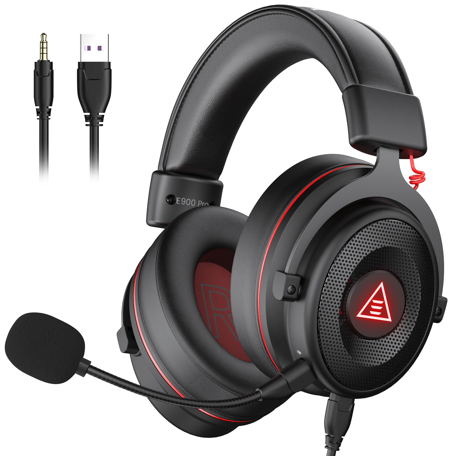 EKSA E900Pro Gaming Headset for PC PS5 PS4, Wired Headphones with Detachable Noise Cancelling Mic, 7.1 Surround Sound, USB&3.5mm Cable, LED Light, Over-Ear USB Gaming Headphones for Xbox One (Black)