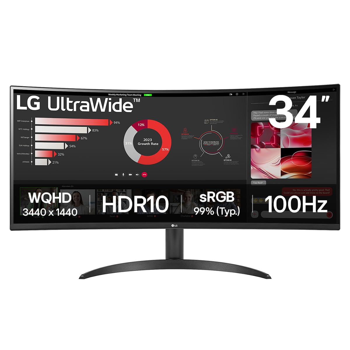 LG UltraWide Curved PC Monitor 34WR50QK, 34 inch, 1440p, 100Hz, 5ms Response Time, VA Panel, Smart Energy Saving, Displayport, HDMI