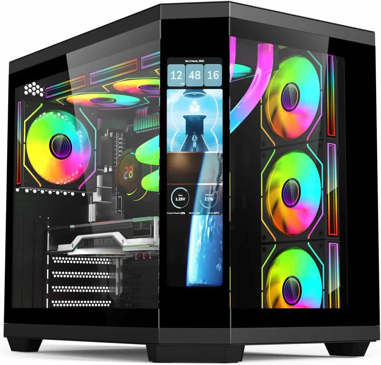 PC Case - Gaming | IONZ APEX Vision - ATX Mid Tower, Dual Chamber with 4 ARGB PWM Fans - LCD Screen | Black