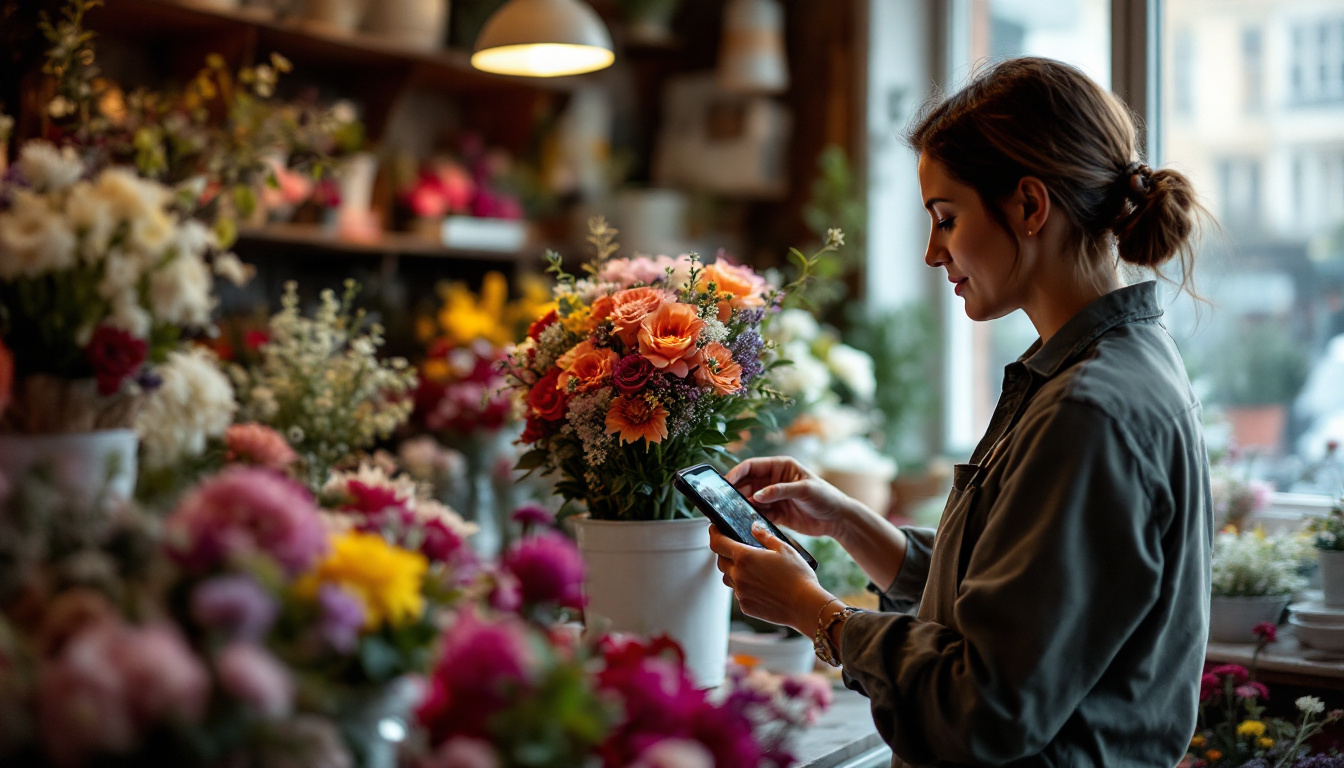 A florist photographing stock on a phone inside her shop