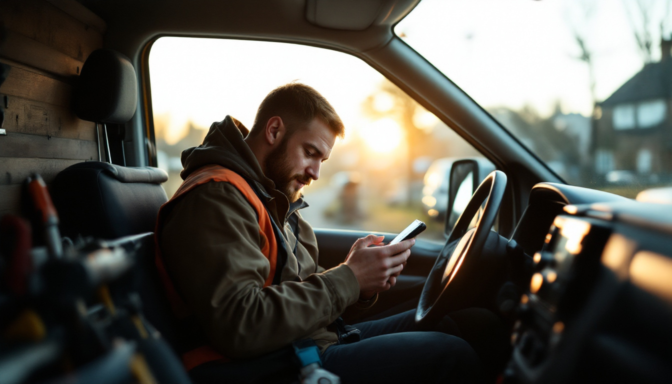 A tradesperson checking a website on a phone in a parked van