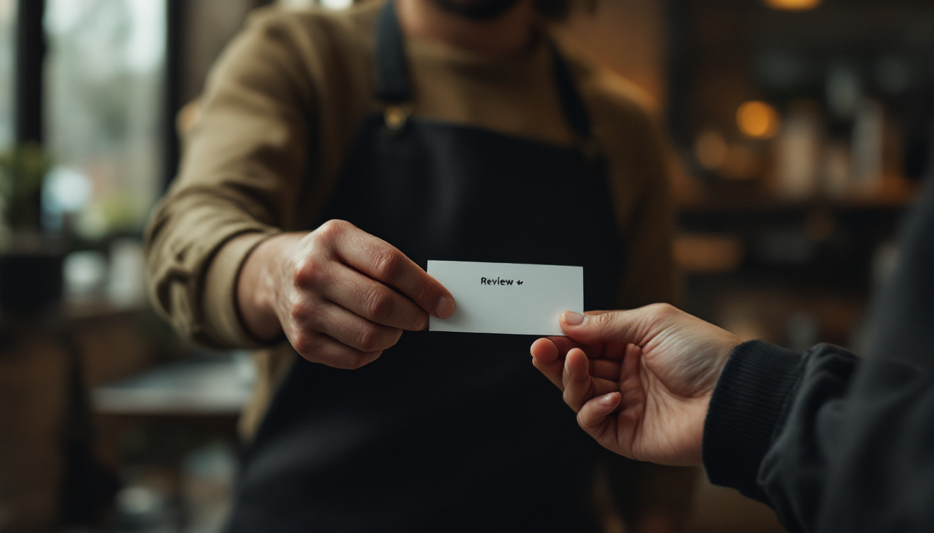 A cafe owner handing a customer a card asking for a review