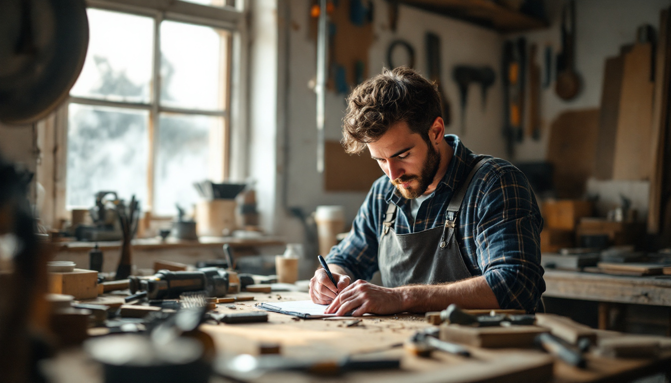 A joiner writing out a list of the jobs they take on at a workshop bench