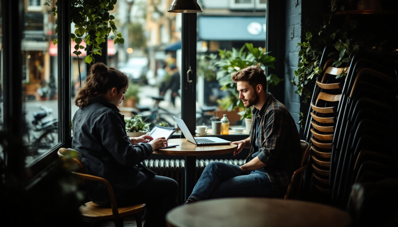 A cafe owner reviewing notes at a quiet table before opening