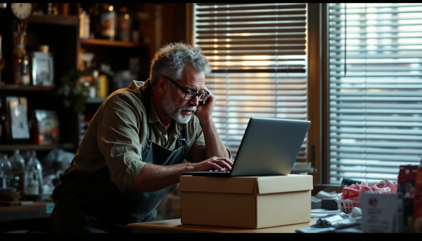 A shop owner setting up a website tool on a laptop before opening