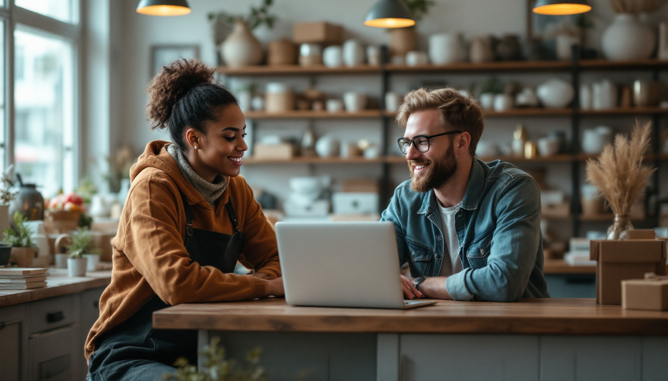 A shop owner and a web developer working together at a counter