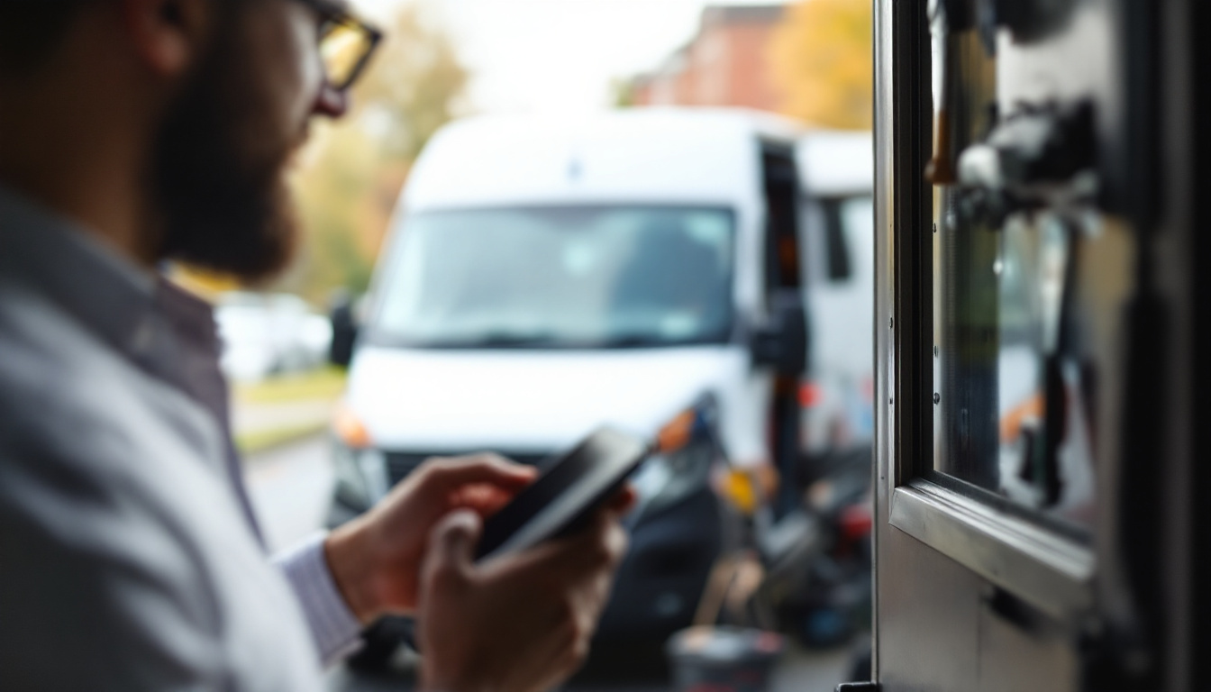 A customer calling a business from their phone outside a small workshop