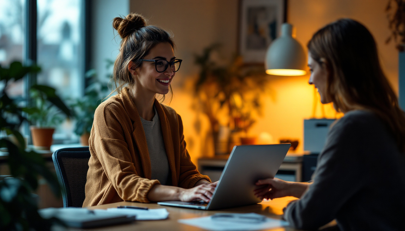 A business owner handing a laptop to a colleague across an office desk