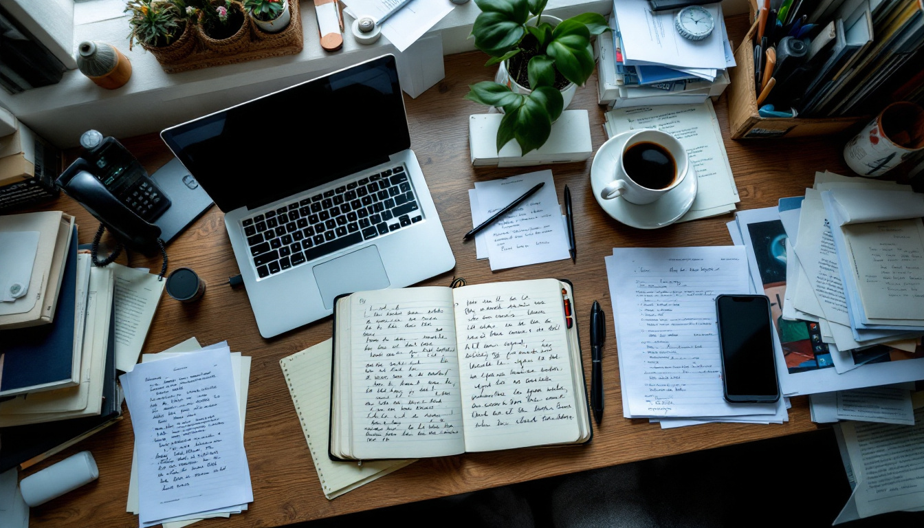 A desk with a laptop, notebook and paperwork spread out during a planning session