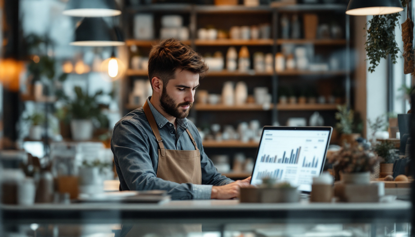 A shop owner reviewing website figures on a laptop behind the counter