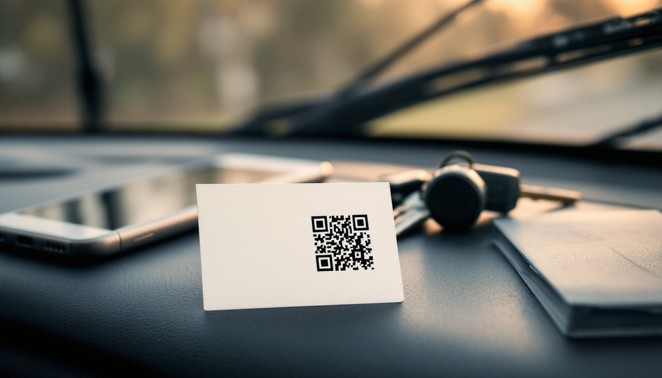 A small printed review card with a QR code on a van dashboard