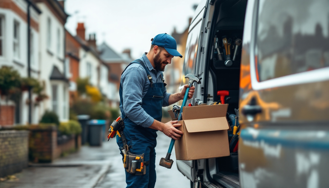 A plumber loading tools into a van on a terraced street