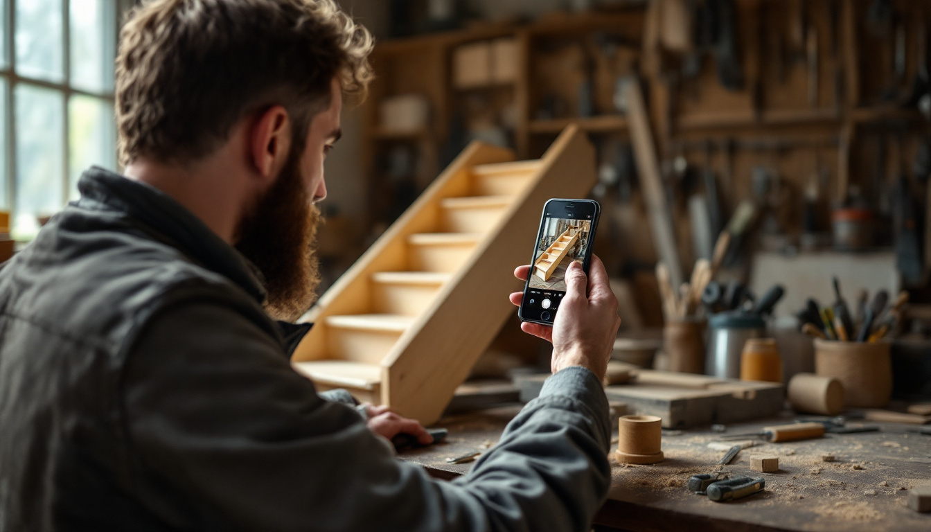 A joiner photographing finished work on a phone in a workshop