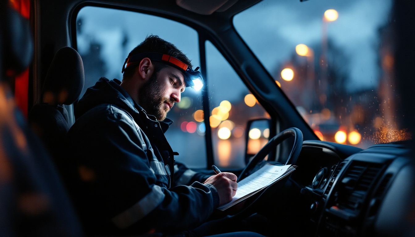 An electrician writing up a job sheet in a van cab at dusk
