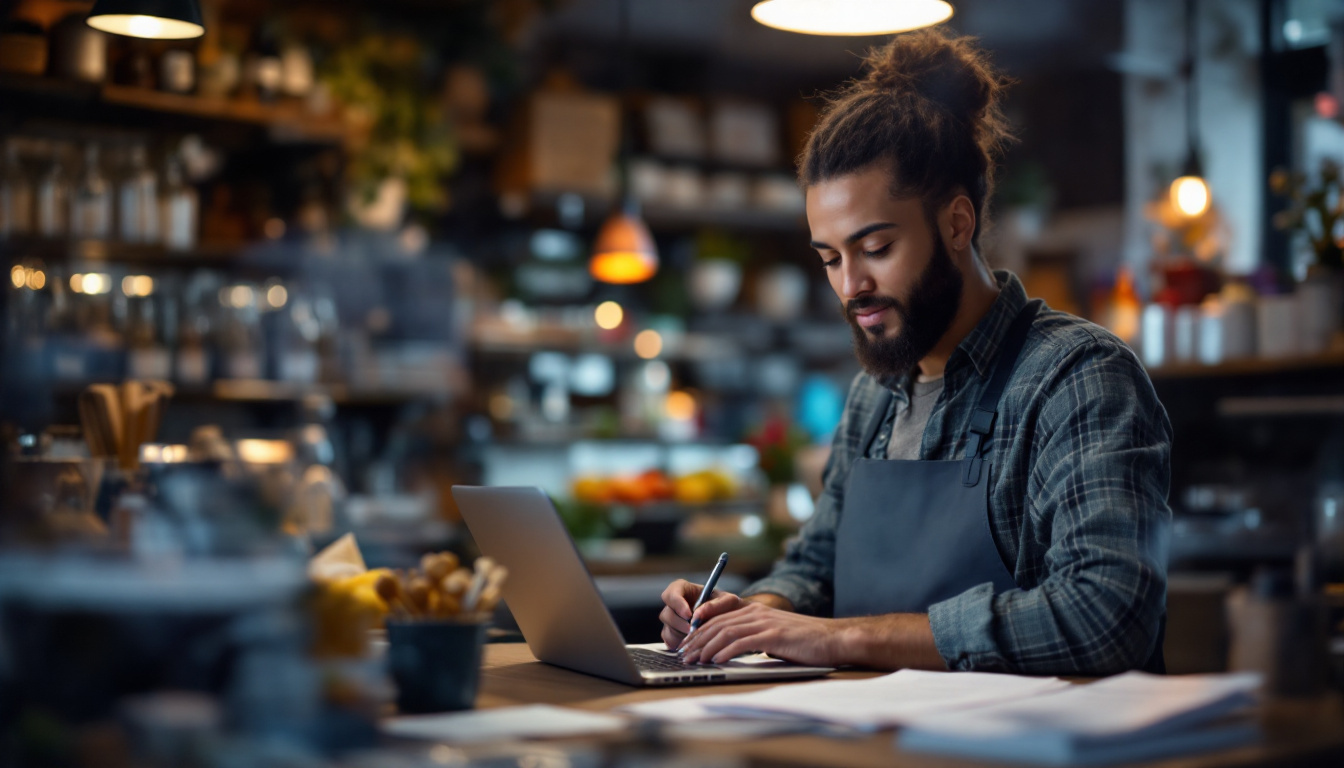 A shop owner working through a checklist beside a laptop after closing