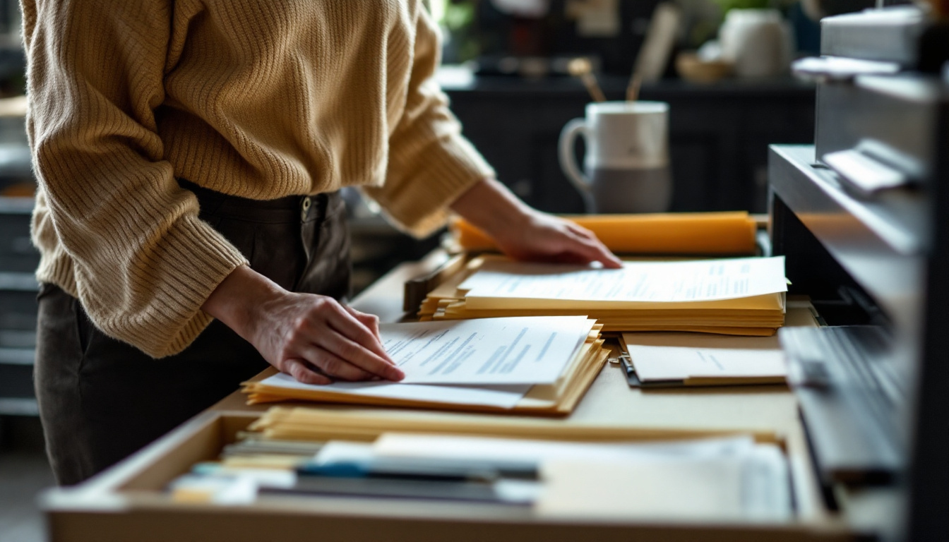 A business owner filing paperwork into labelled folders