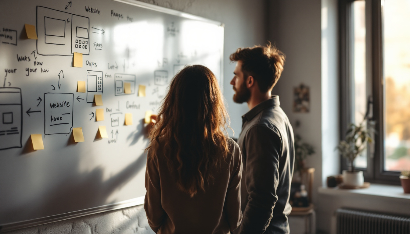 Two people mapping out a website structure on a whiteboard
