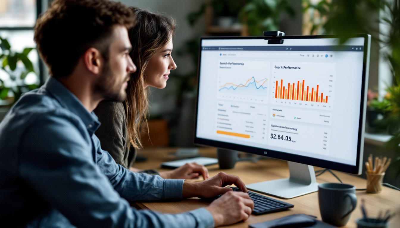 Two people reviewing search performance data on a monitor