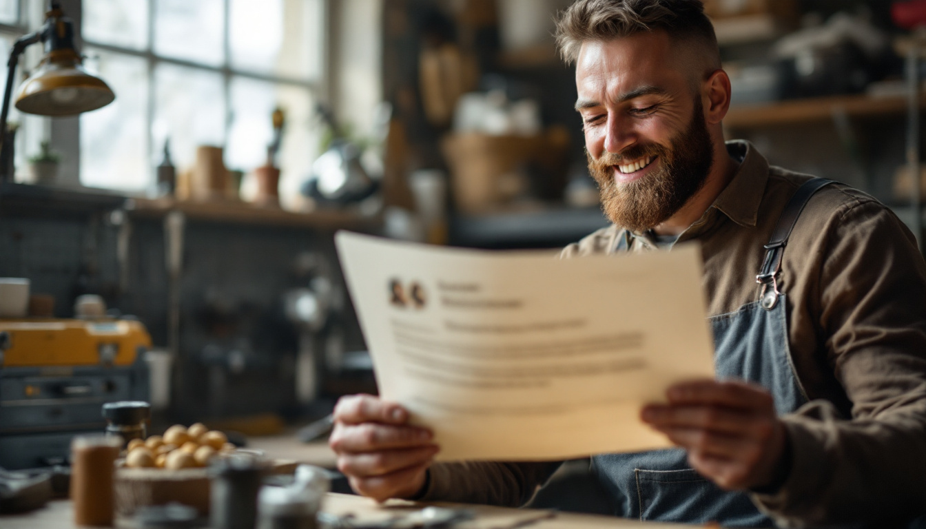 A business owner reading a customer review in a workshop